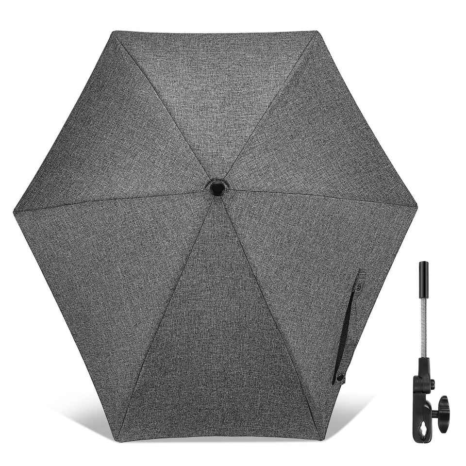 Skibiles chair umbrella with universal clip provides portable sun protection for outdoor seating.