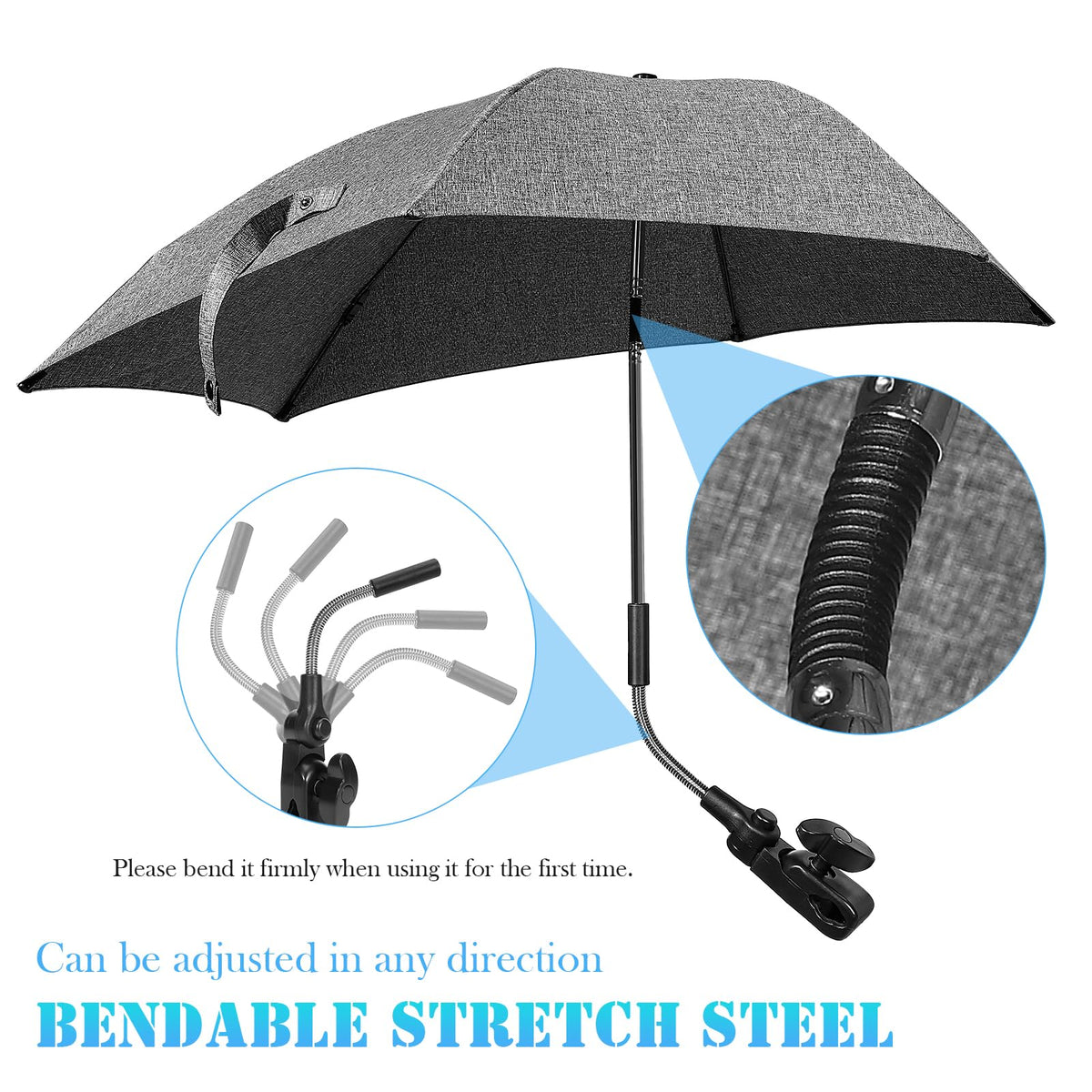 Skibiles universal clamp attaches firmly to strollers, chairs, or wheelchairs.
