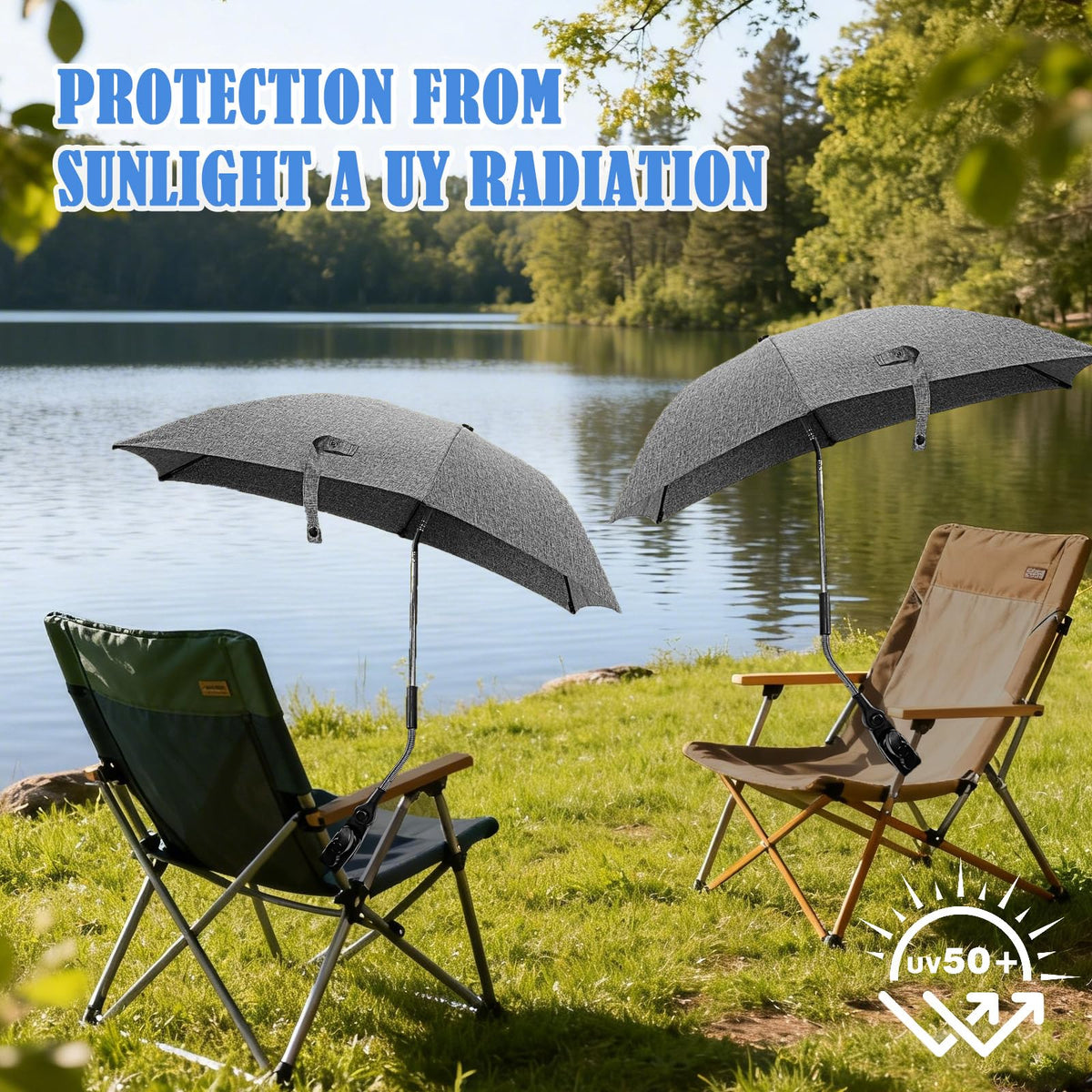Skibiles umbrella clip-on shown from the side for easy sun shading while seated.