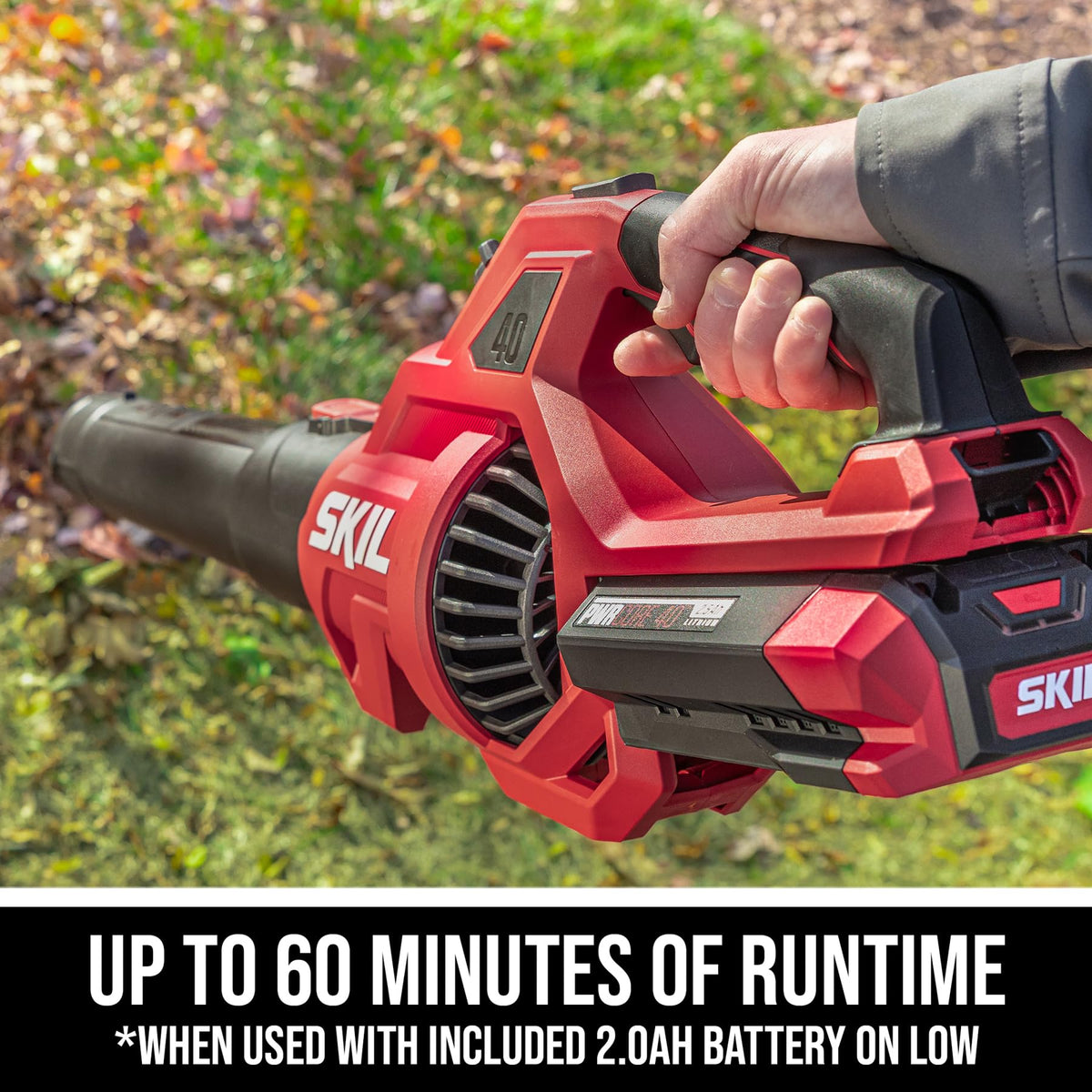 Skil 40v leaf blower air turbo image suggests powerful debris clearing.