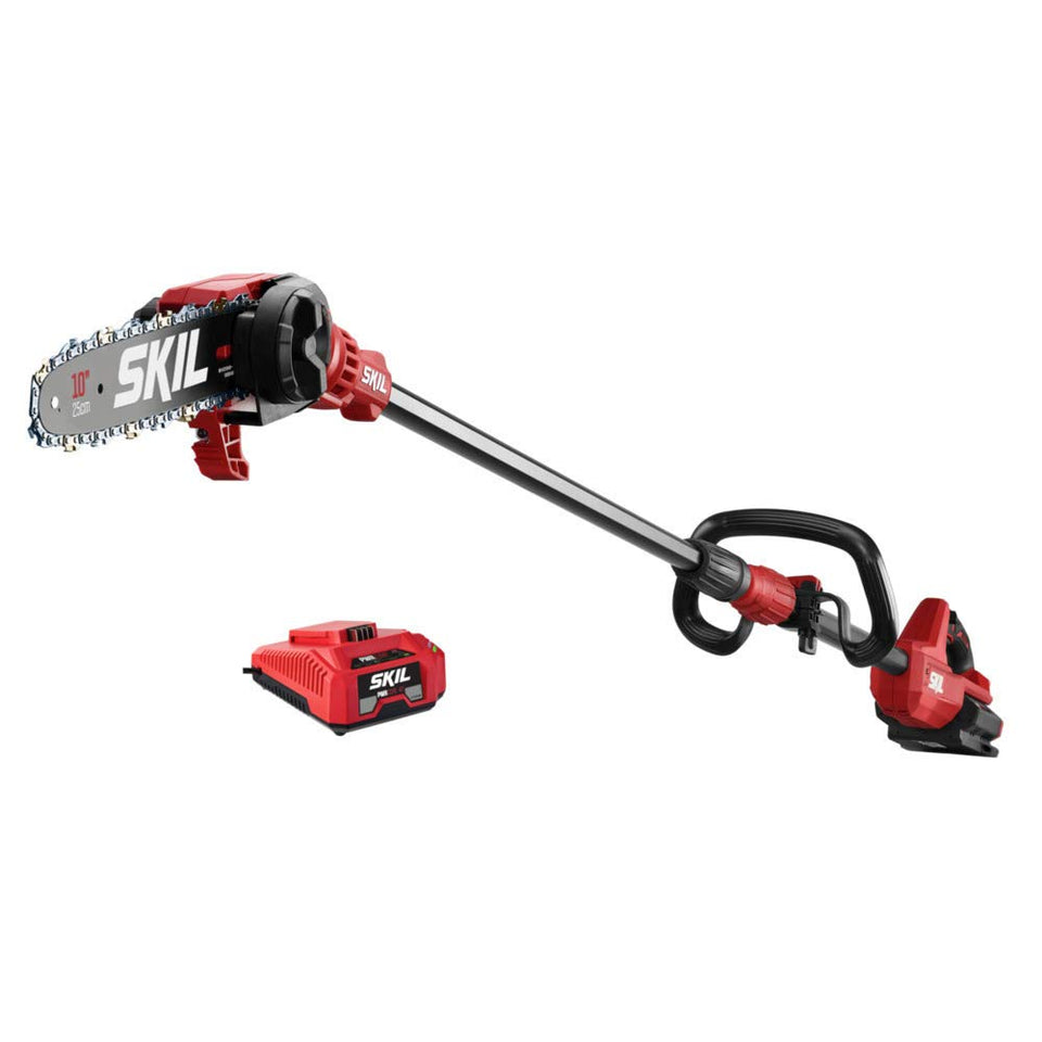 SKIL PWR CORE 40 pole saw extended telescoping shaft for high reach during pruning.