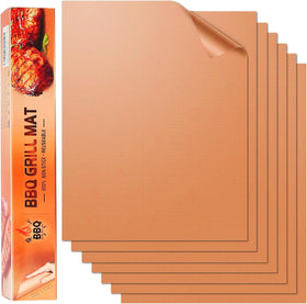 SKYBD copper grill mats set of 6 on a grill showing even sear marks and easy cleanup.