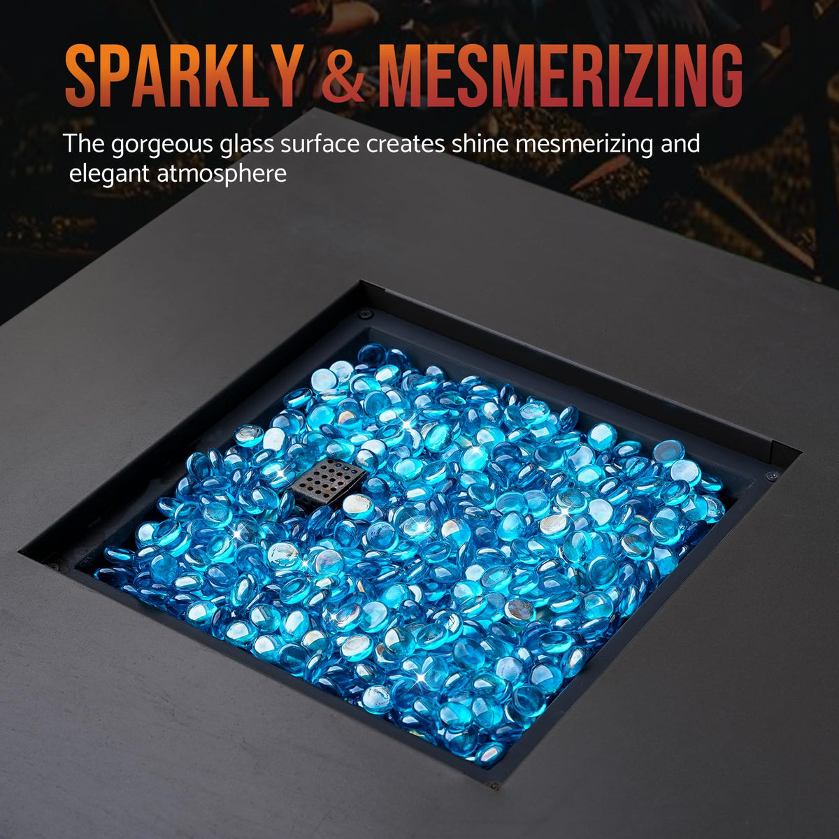 Skyflame fire glass beads highlighting modern patio design.