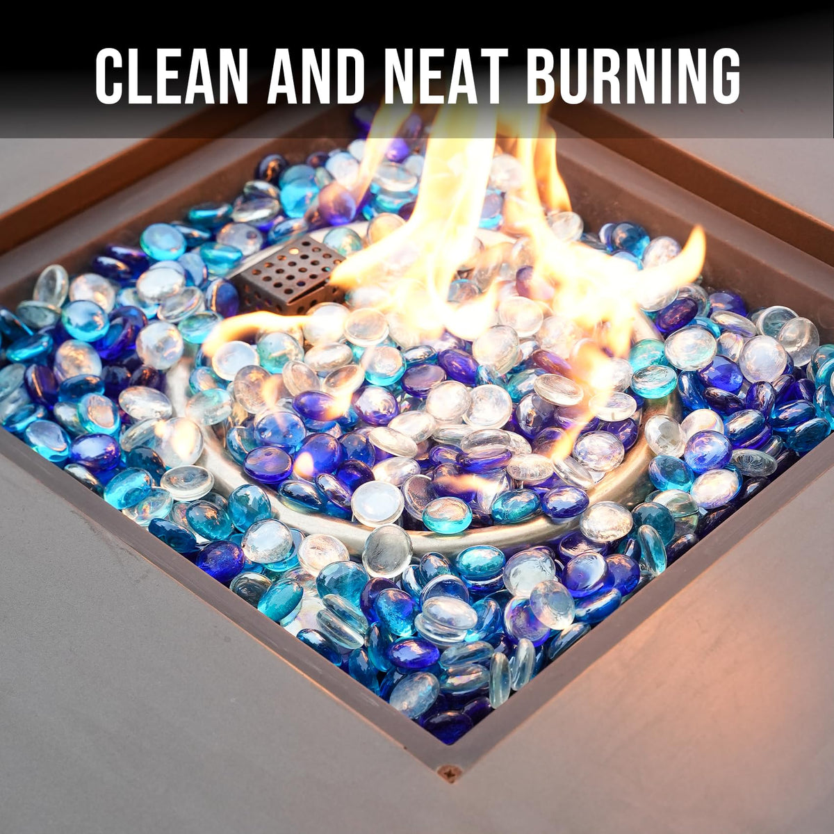 Skyflame Caribbean blue luster beads add color to an outdoor pit