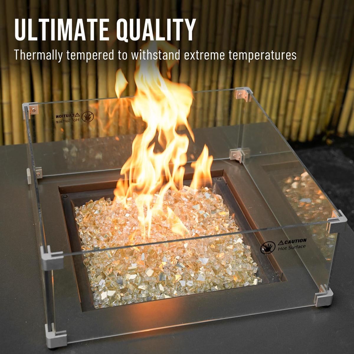 Skyflame fire pit with glass enhances flame sparkle and warmth.