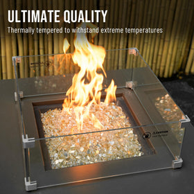 Skyflame fire pit with glass enhances flame sparkle and warmth.