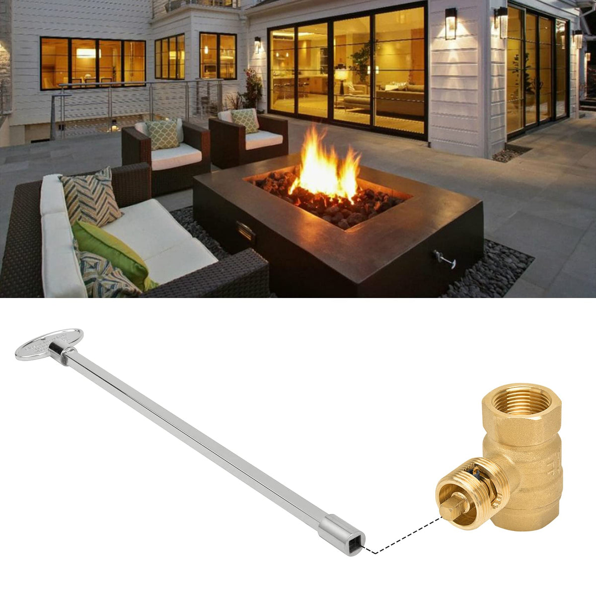 Skyflame chrome valve key suitable for fire pits and fireplaces.