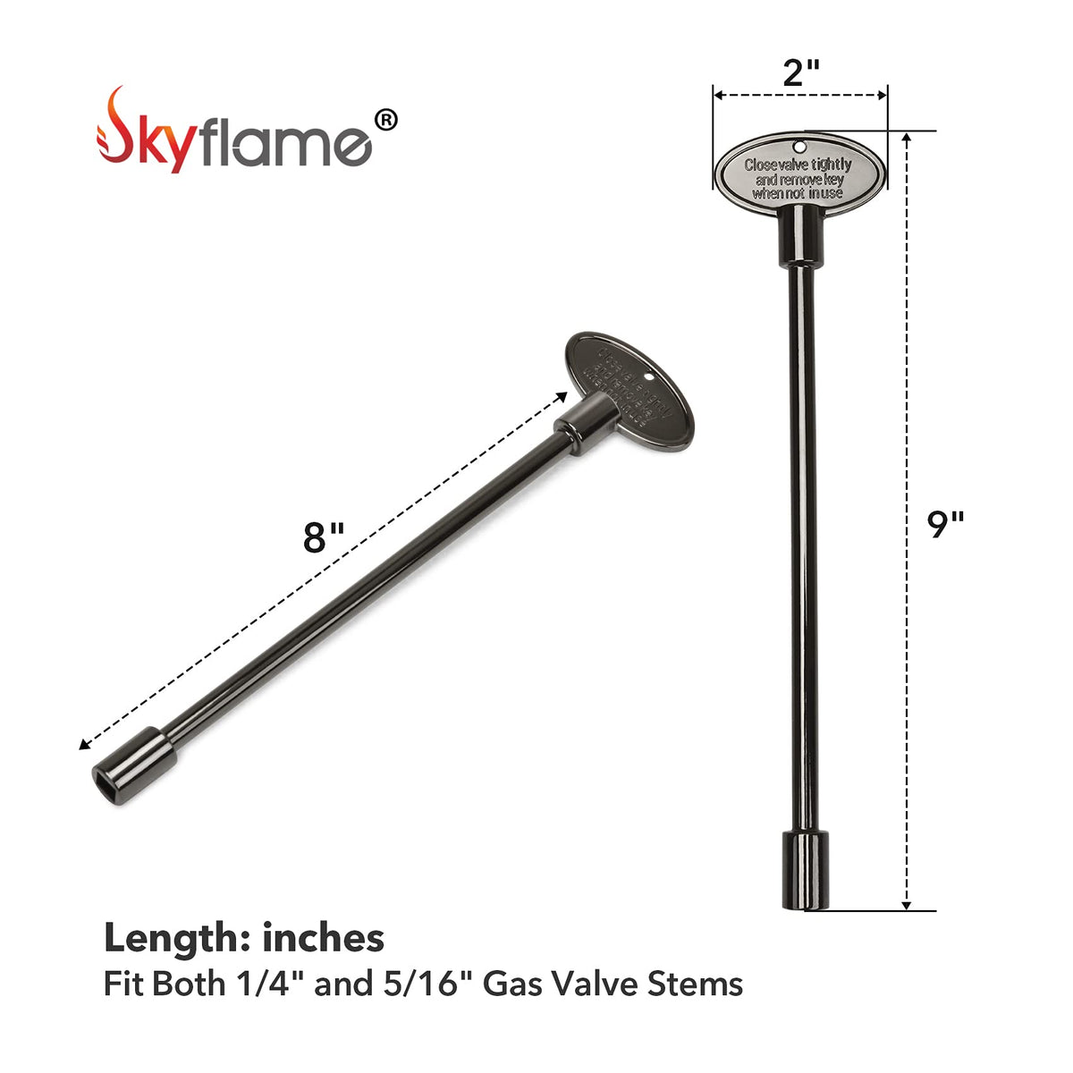 Skyflame gas valve key fits 1/4" or 5/16" stems for versatile use