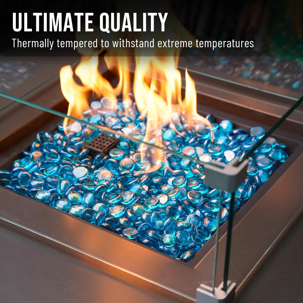 Skyflame outdoor decor with Caribbean Blue fire glass landscaping accents.