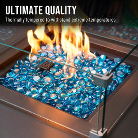 Skyflame outdoor decor with Caribbean Blue fire glass landscaping accents.