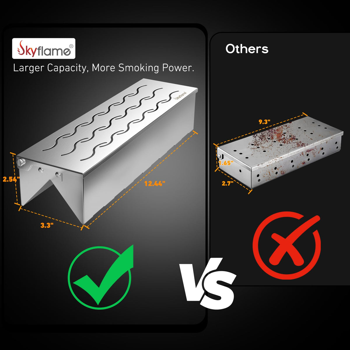 Skyflame Wood Chip Smoker Box compatible with apple, hickory, mesquite for varied notes.