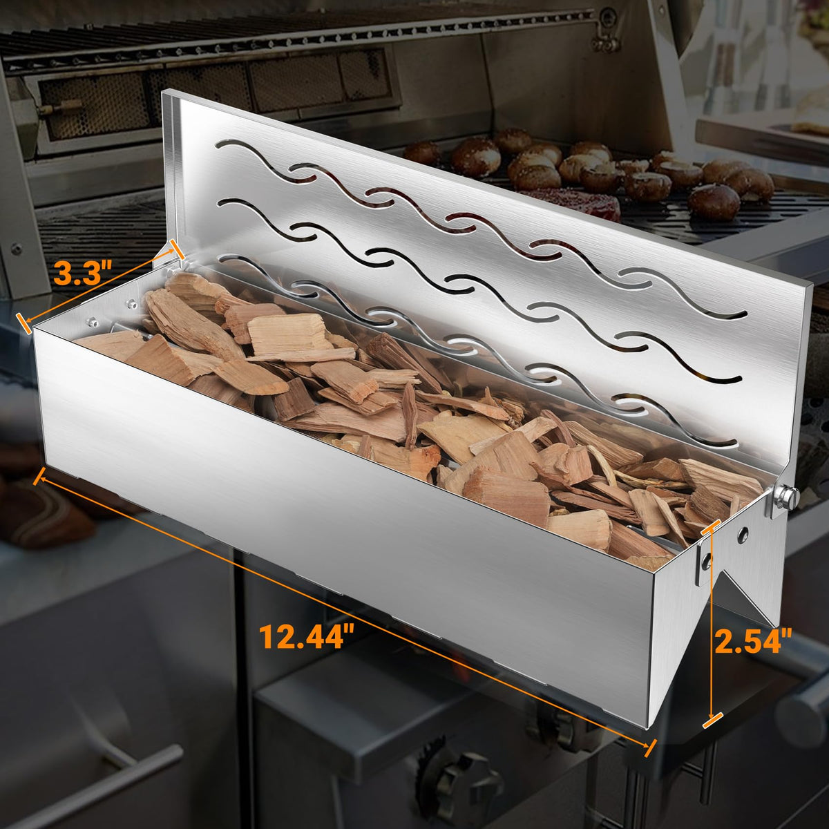 Skyflame smoker box dense wavy vents for more smoke and even flavor.