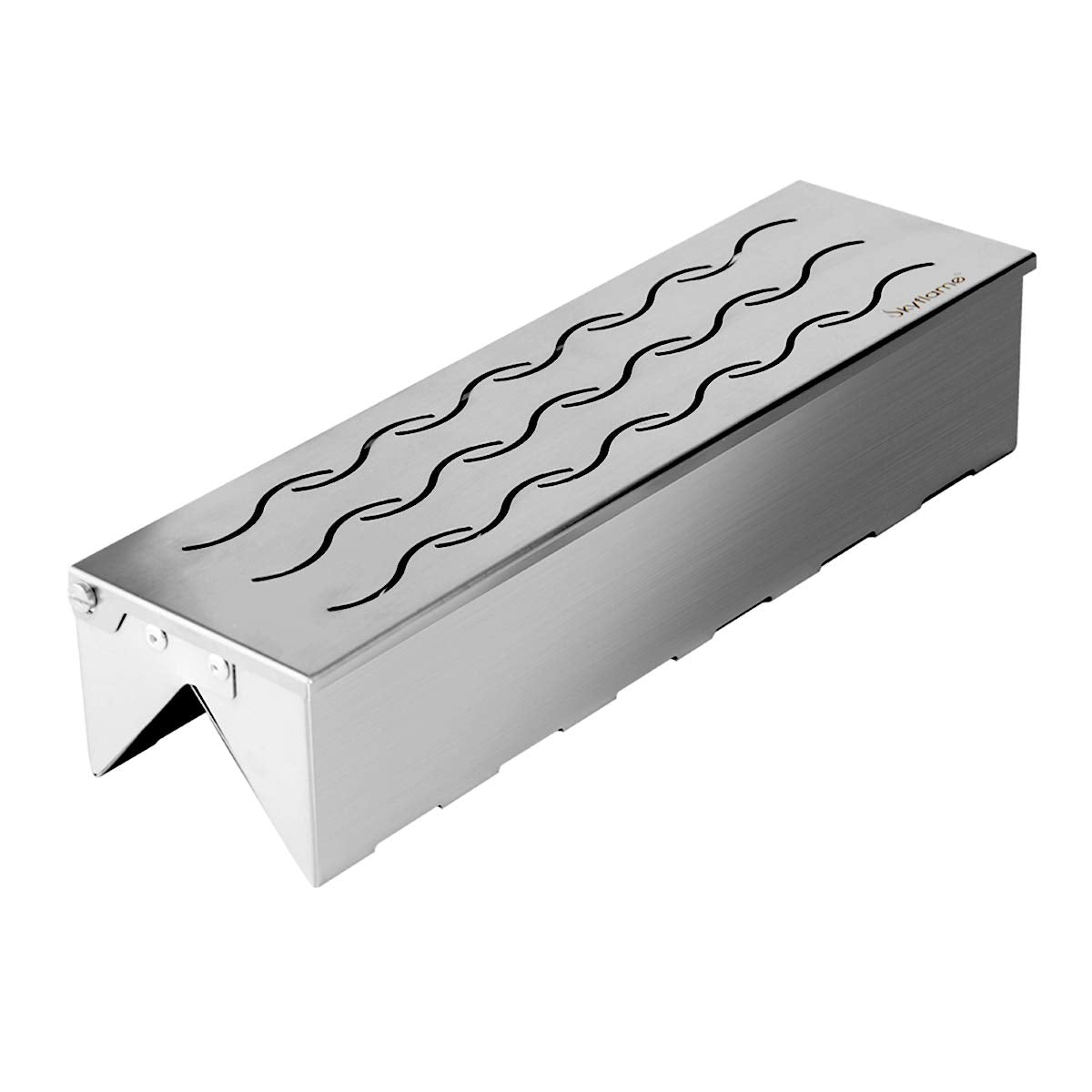 Skyflame Wood Chip Smoker Box with hinged lid for easy chip loading while grilling.