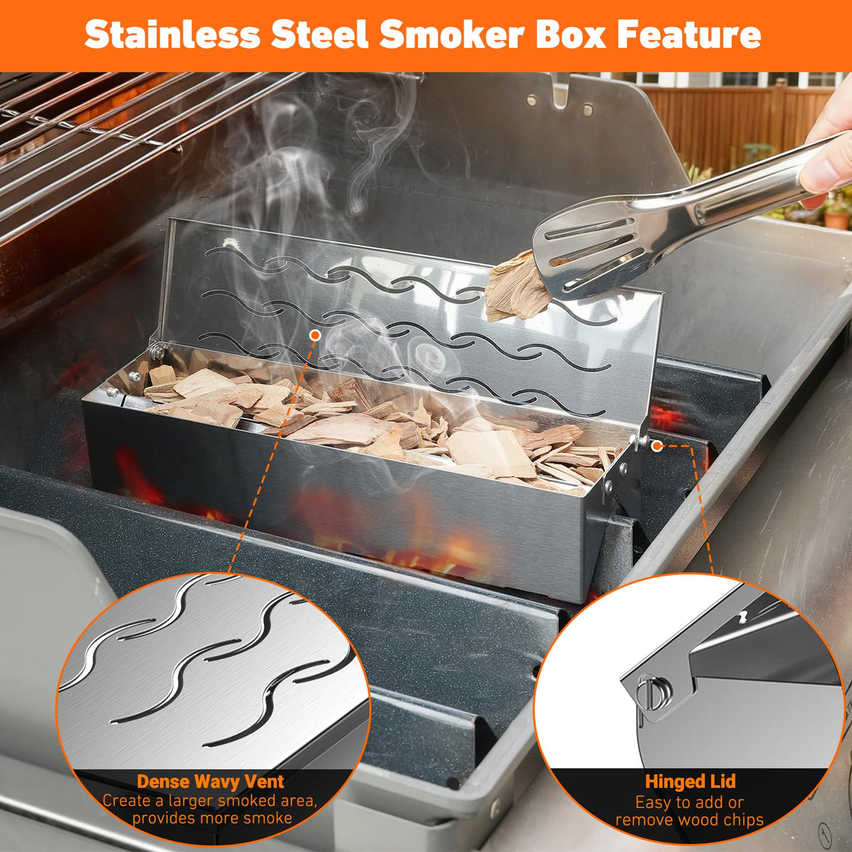 Skyflame smoker box with W-shape fits gas grills for intense smoke flavor.