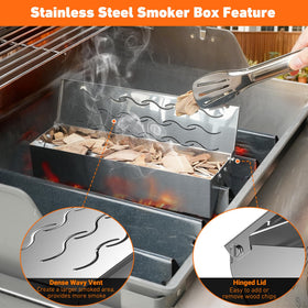 Skyflame smoker box with W-shape fits gas grills for intense smoke flavor.