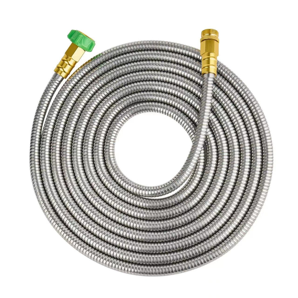 Skyward 304 stainless steel garden hose outer shell provides durable, rust-resistant irrigation.