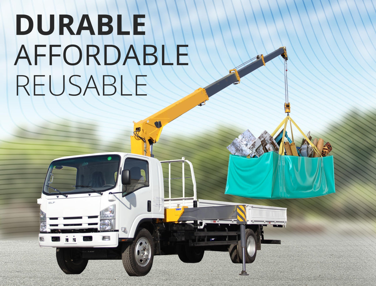 Skywin TidyFriend dumpster bag with reinforced transport handles for hauling.