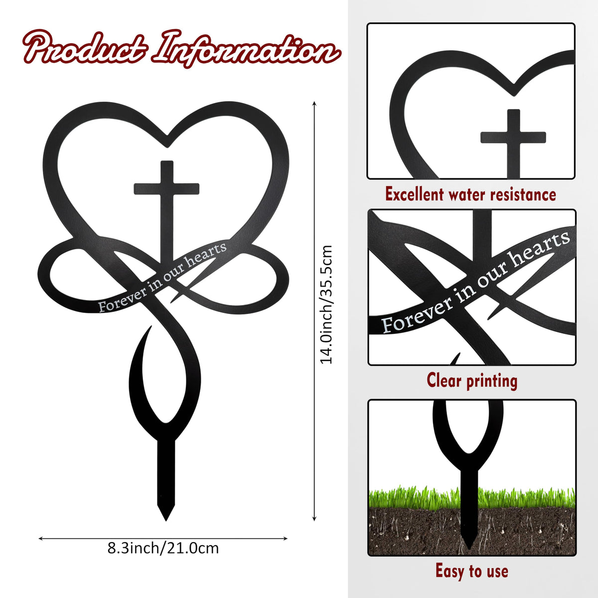 Slagindeco metal infinity heart cross stake installed on ground for graveside remembrance.