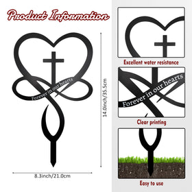 Slagindeco metal infinity heart cross stake installed on ground for graveside remembrance.