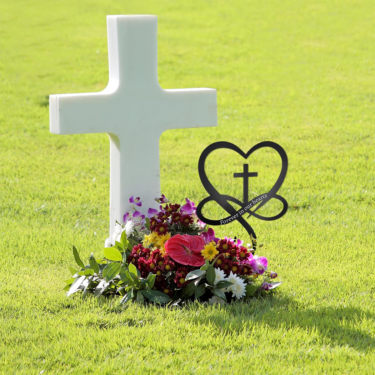 Slagindeco infinity heart cross stake in garden display for lasting memory.