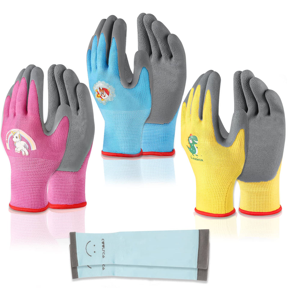 SLARMOR kids gardening gloves front view; comfortable fit for young helpers during outdoor tasks.
