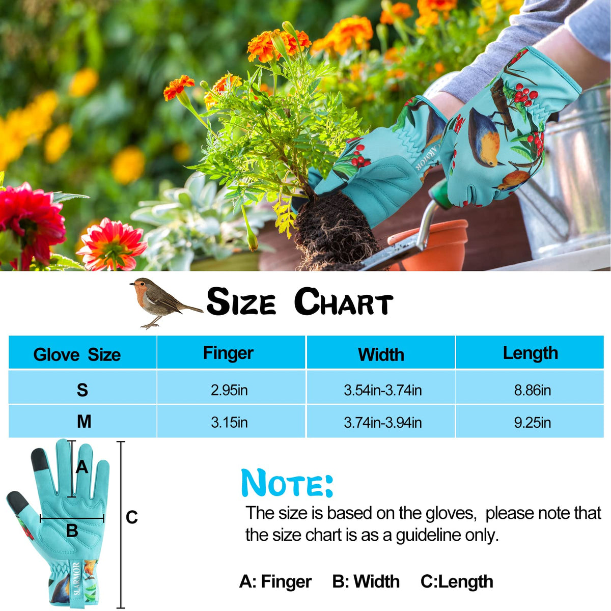 SLARMOR gloves back displays bluebirds design for stylish garden protection