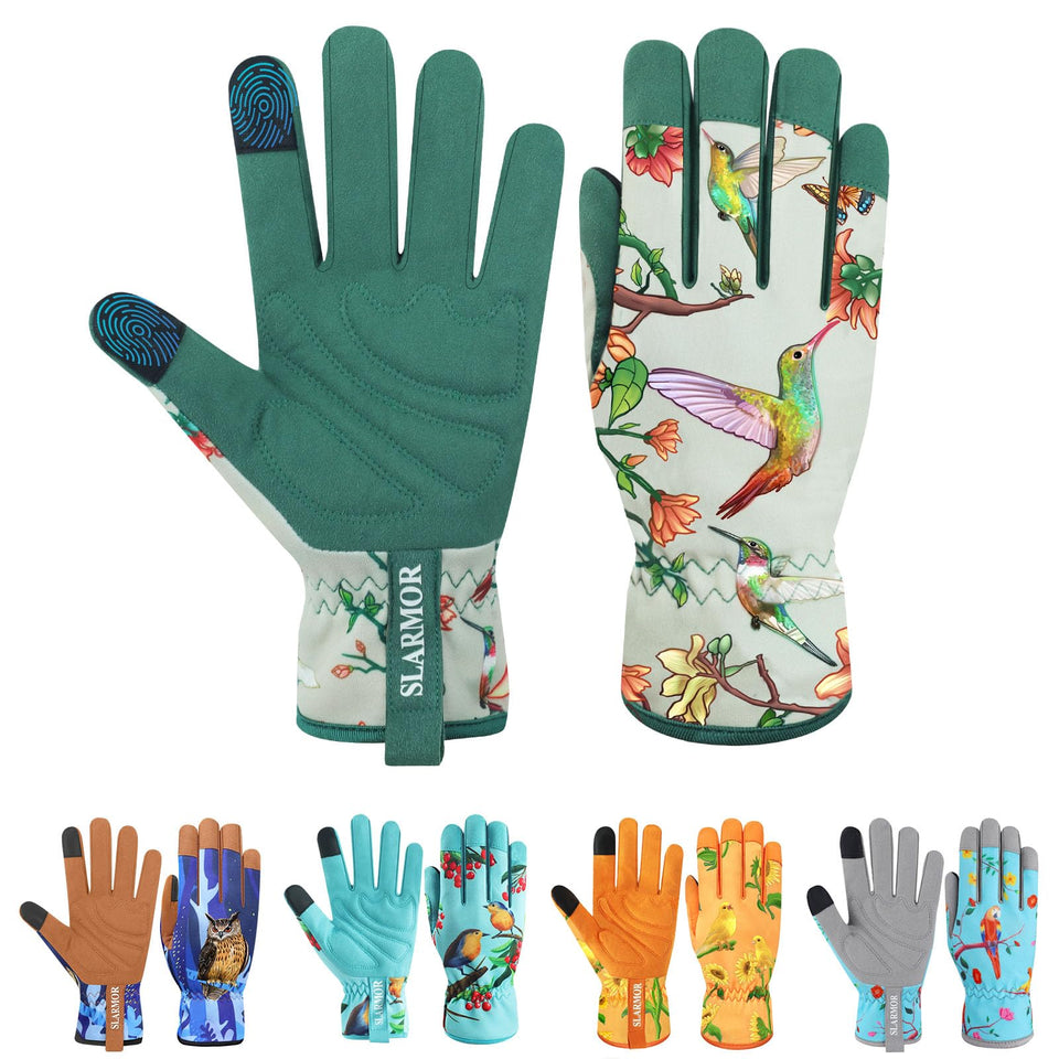 SLARMOR leather gardening gloves for women, front view showing durable protection during planting