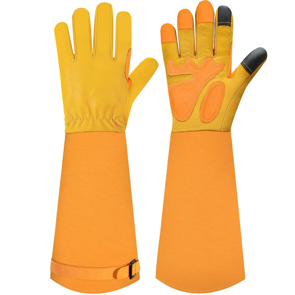 SLARMOR long gardening gloves with elbow gauntlet protect forearms during pruning and thorny tasks.