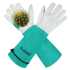 SLARMOR long gardening gloves with rose pruning gauntlet protecting hands while pruning roses.