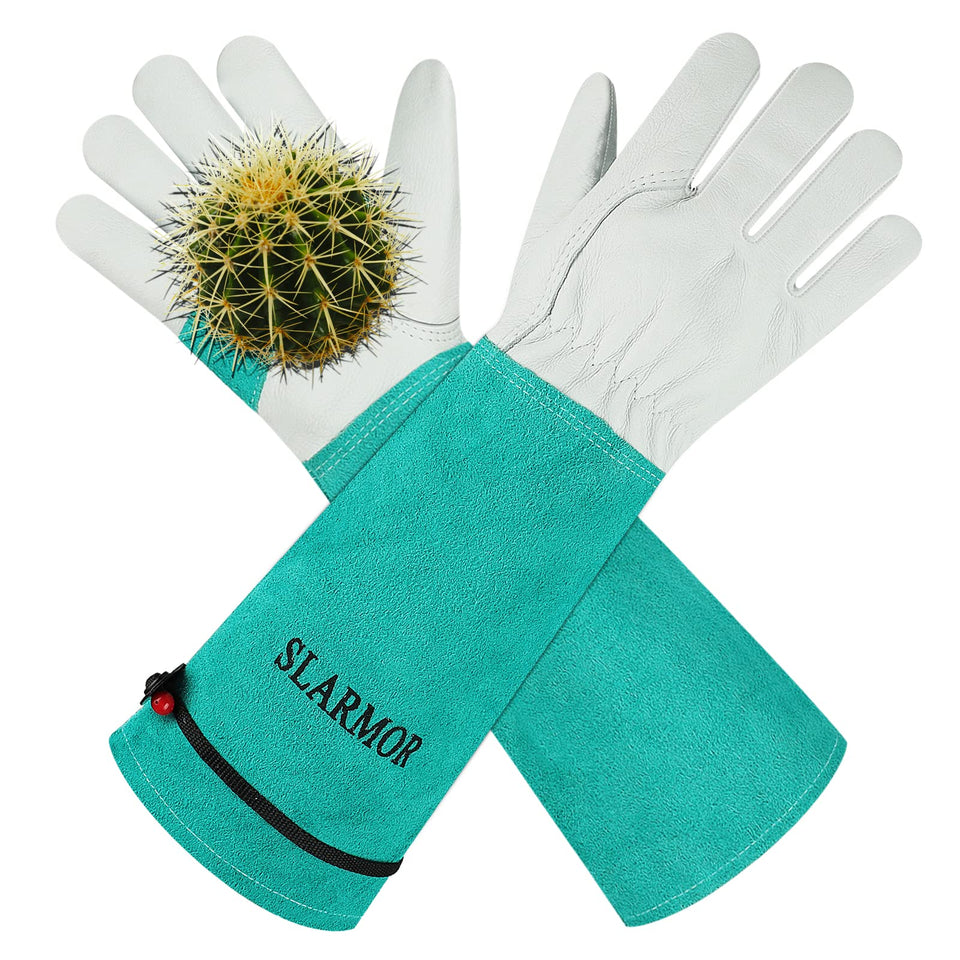 SLARMOR long gardening gloves with rose pruning gauntlet protecting hands while pruning roses.