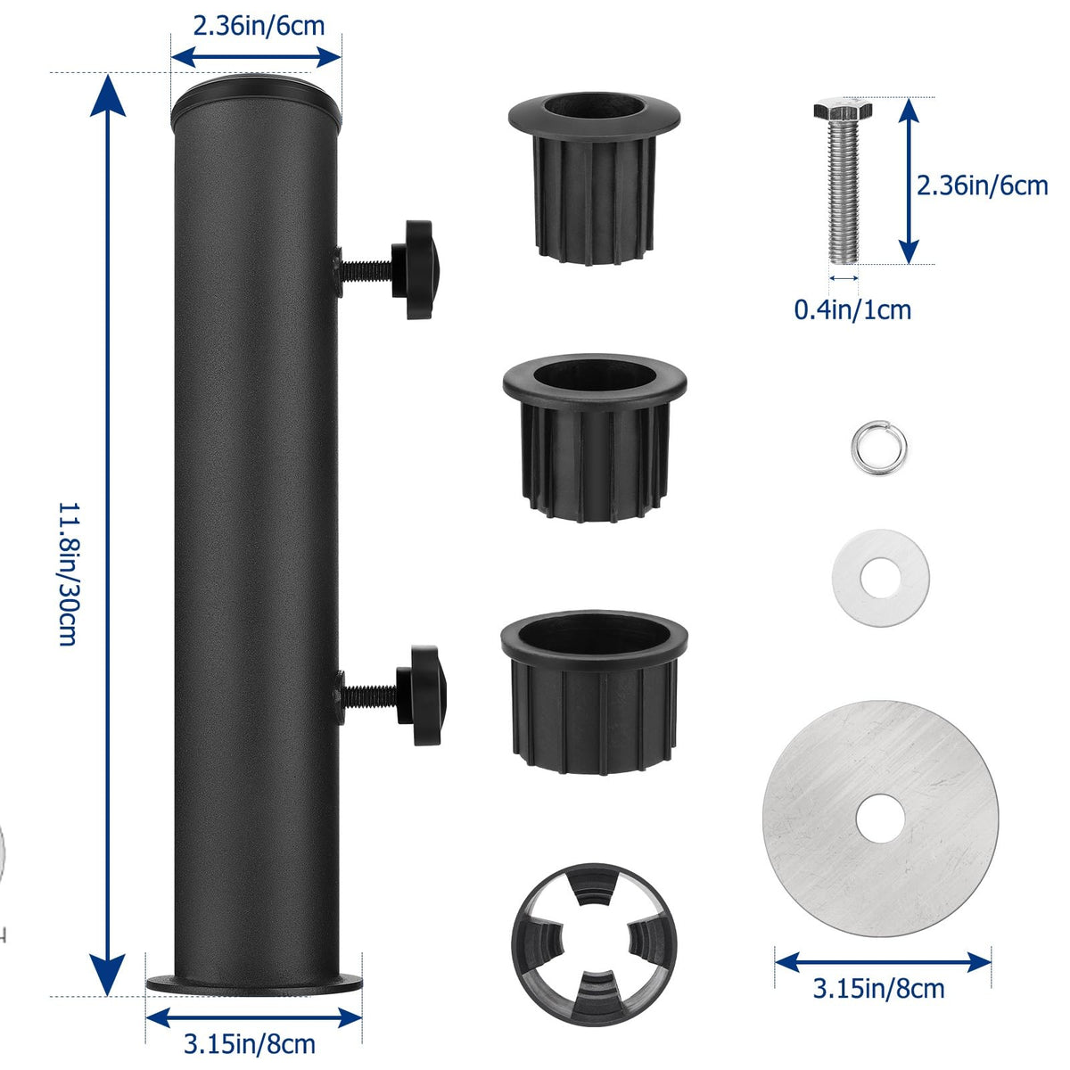 SLIIMU stainless steel umbrella tube base resists corrosion outdoors.