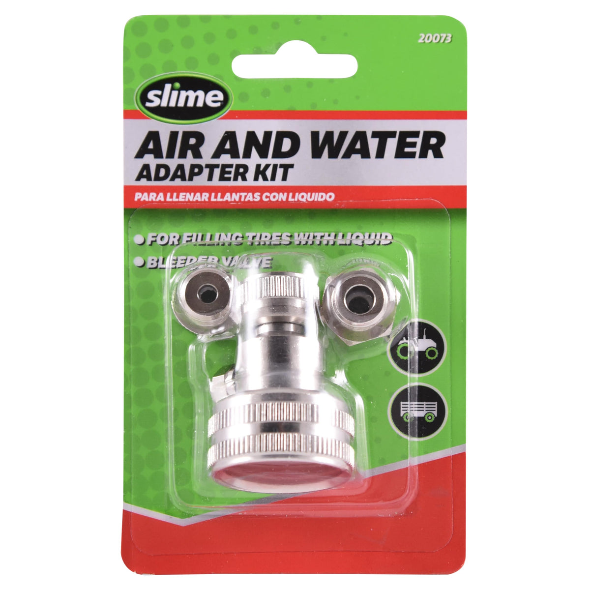Slime Air/Water Adapter Kit on a hose for quick inflation and liquid filling.
