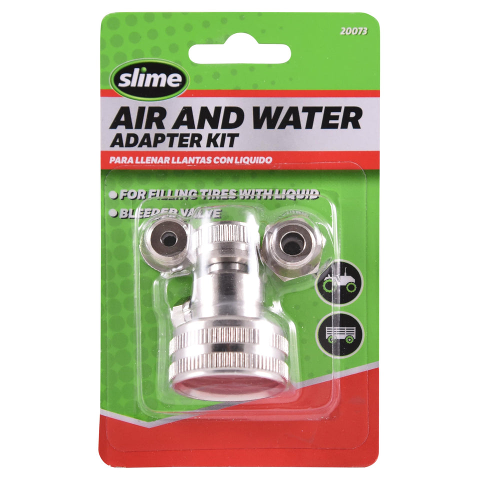 Slime Air/Water Adapter Kit on a hose for quick inflation and liquid filling.