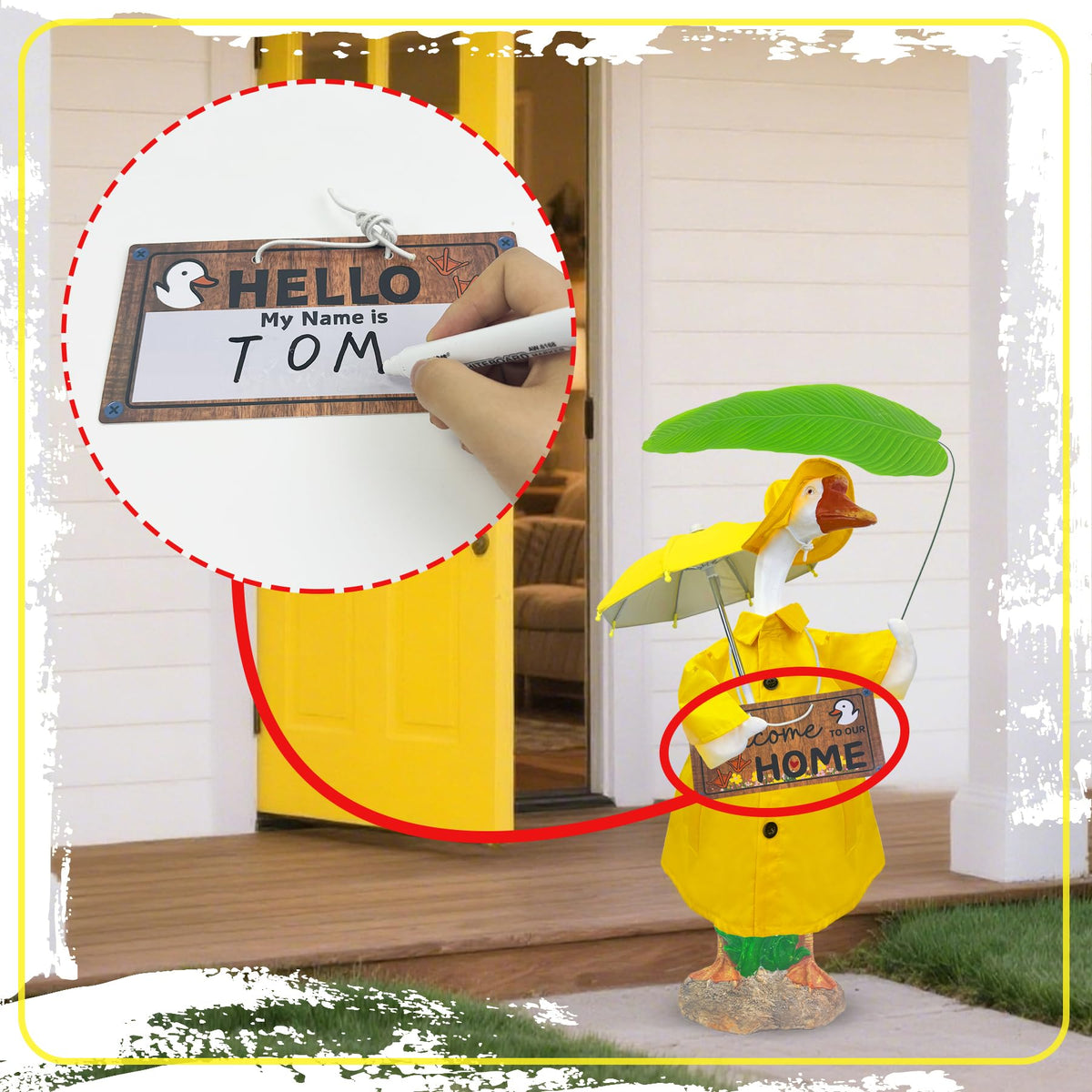 Sloakify bright yellow raincoat complements greenery for sunny garden scenes.