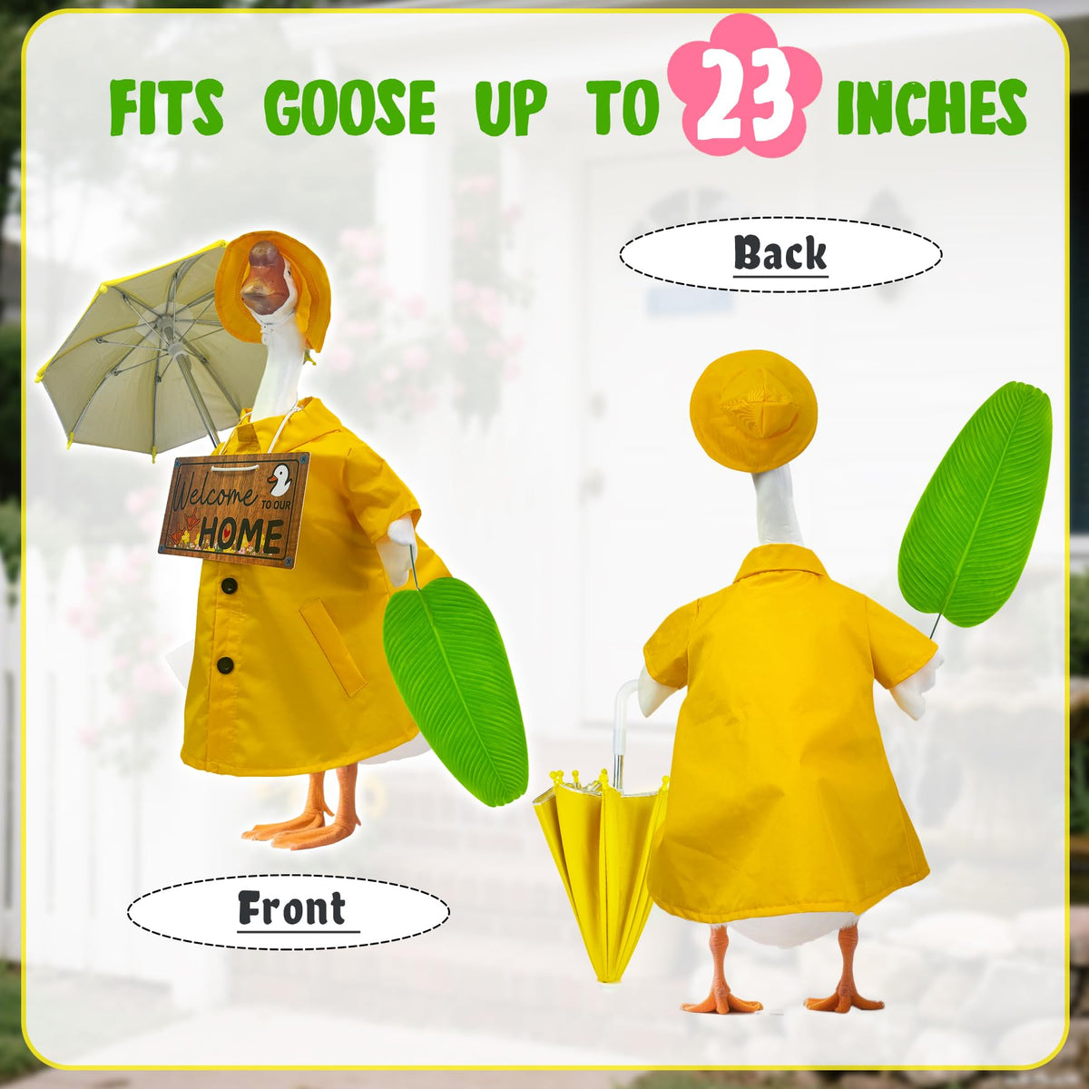 Sloakify writable double-sided name sign on goose outfit enables easy customization.