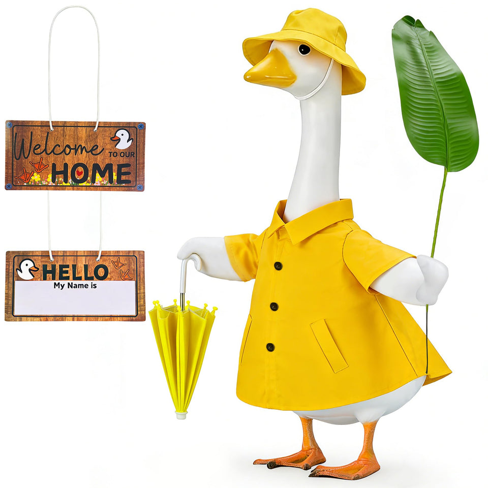 Sloakify spring goose raincoat outfit on a 23-inch statue for garden charm.