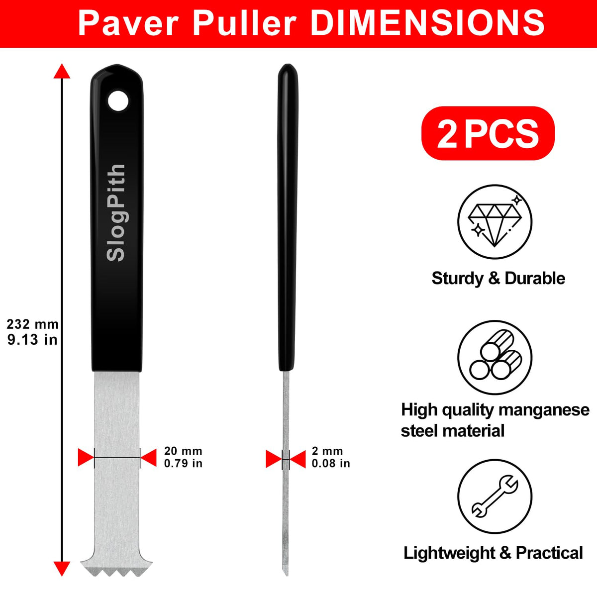 SlogPith paver removal tool with soft rubber handle minimizes hand fatigue during use.