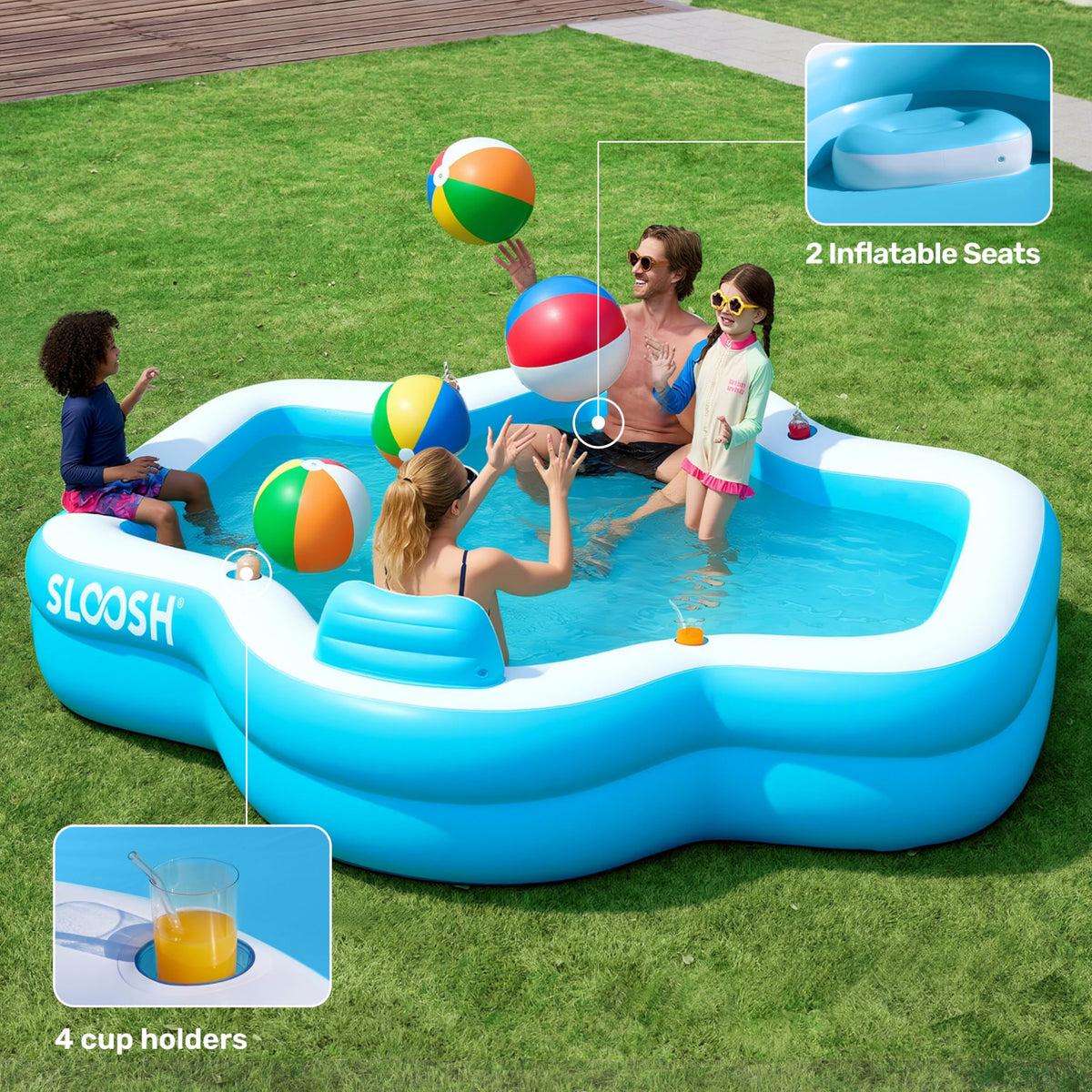 Sloosh rectangle design maximizes lounging and play area