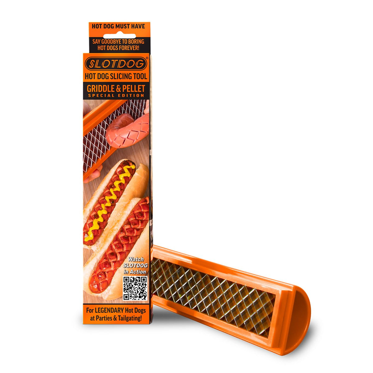 SLOTDOG orange hot dog slicing tool in hero shot showing quick criss-cross prep