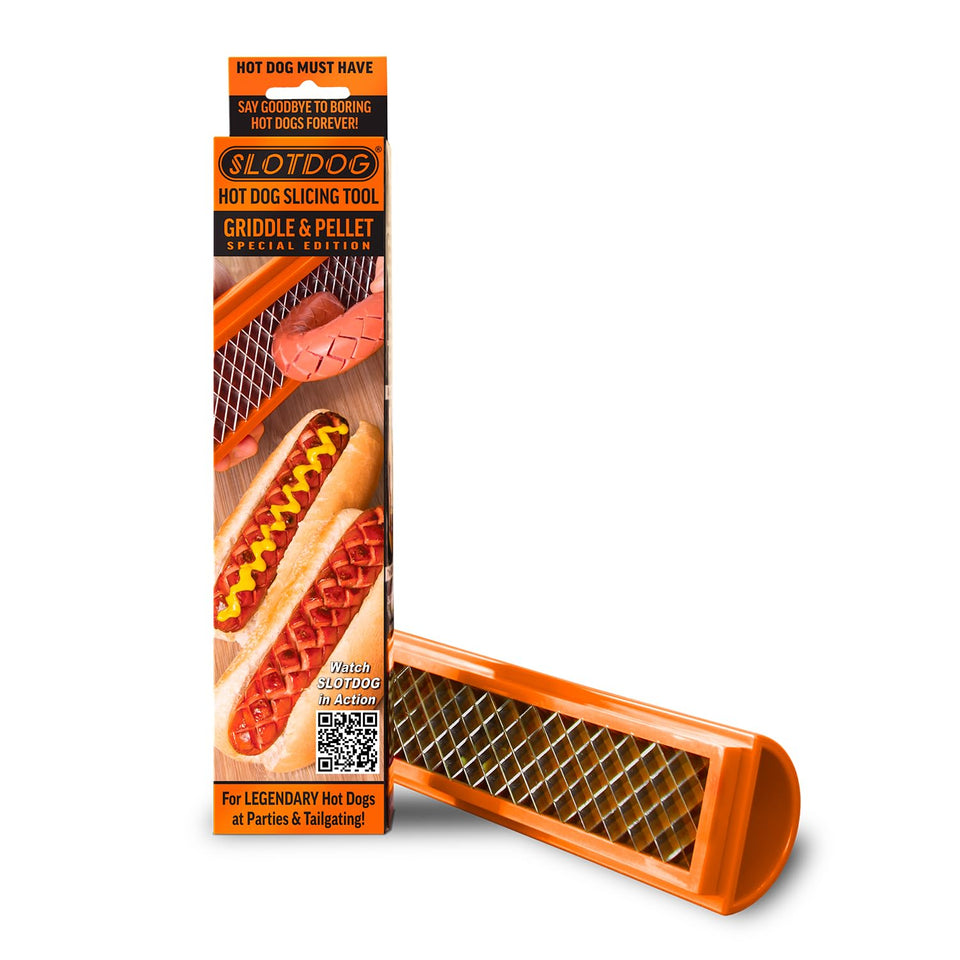 SLOTDOG orange hot dog slicing tool in hero shot showing quick criss-cross prep