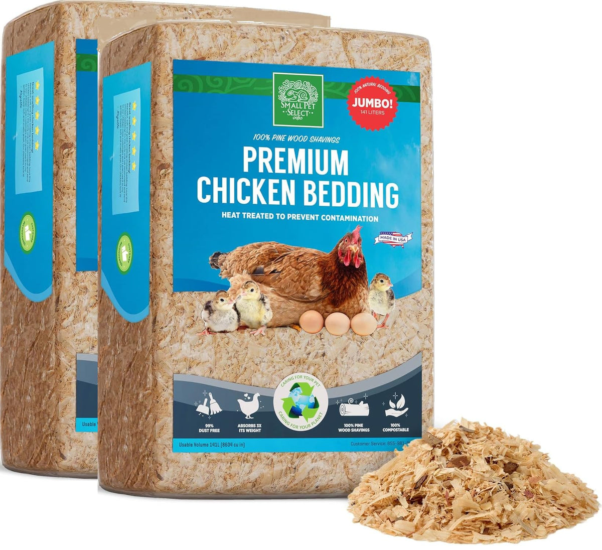 Small Pet Select pine shavings bedding for chickens provides natural odor control in the coop.