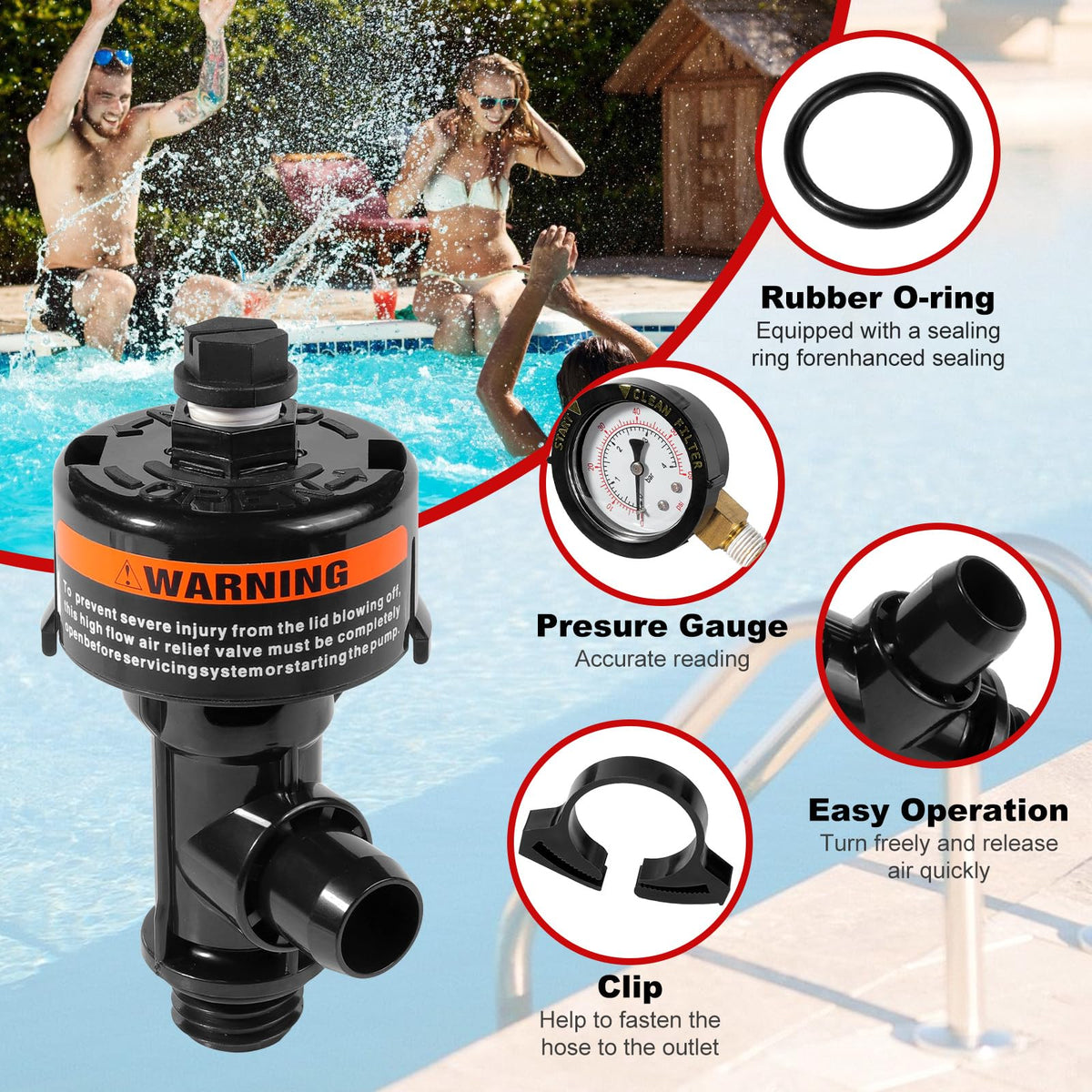 Pressure gauge attached to the valve shows key readings for Pentair systems