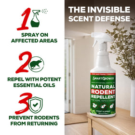 Smart Grower Peppermint Oil Spray applying around a doorway to deter rodents.