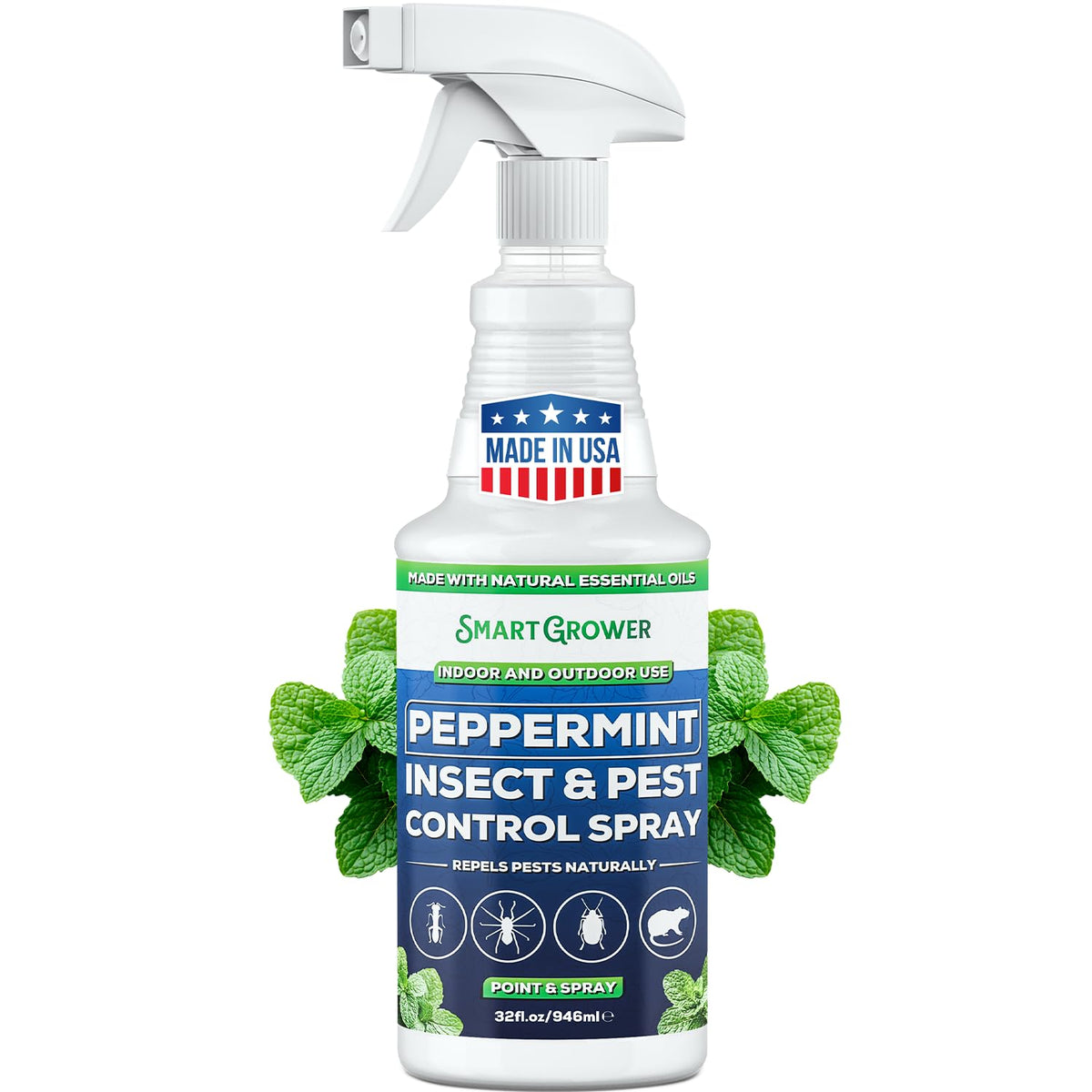 Smart Grower peppermint oil spray bottle on a shelf showcasing ready-to-use pest control