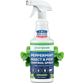 Smart Grower peppermint oil spray bottle on a shelf showcasing ready-to-use pest control