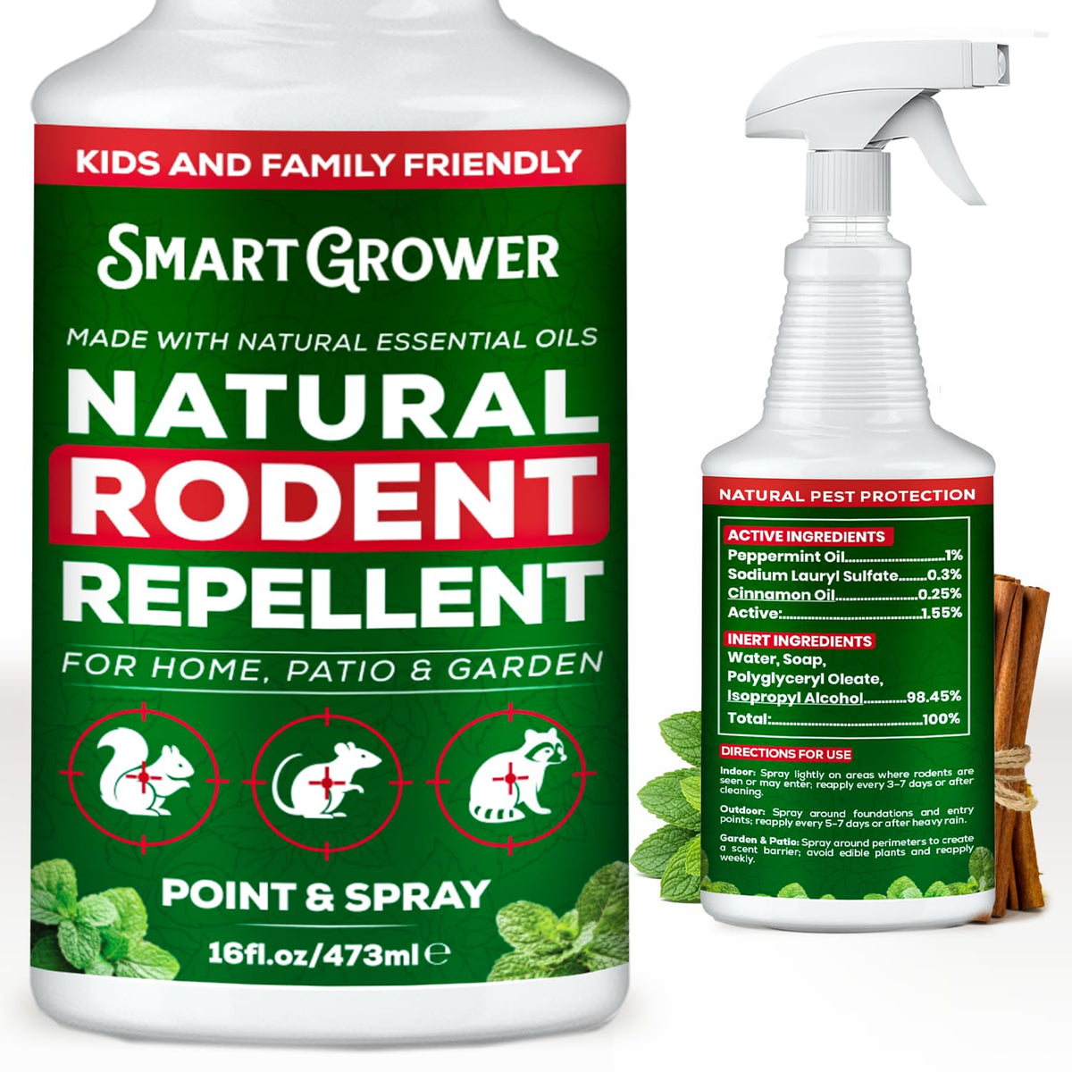 Smart Grower Peppermint Oil Spray bottle showing a natural barrier around entry points to deter rodents.
