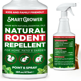 Smart Grower Peppermint Oil Spray bottle showing a natural barrier around entry points to deter rodents.