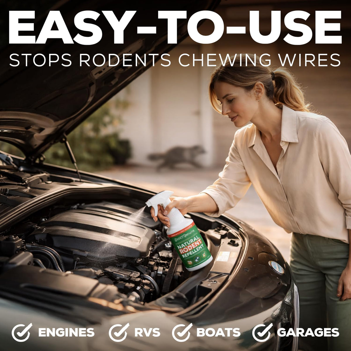 Smart Grower Peppermint Oil Spray near a car engine for protection against pests.