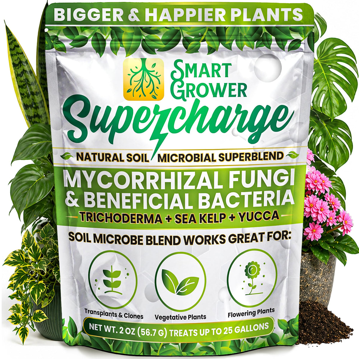 Smart Grower root enhancer powder bag showing packaging and product benefits