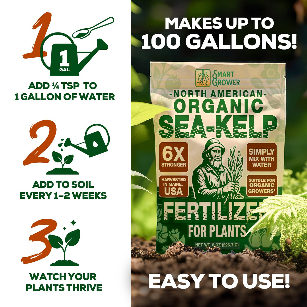 Smart Grower Sea-Kelp bag-label displays organic, non-GMO seaweed fertilizer